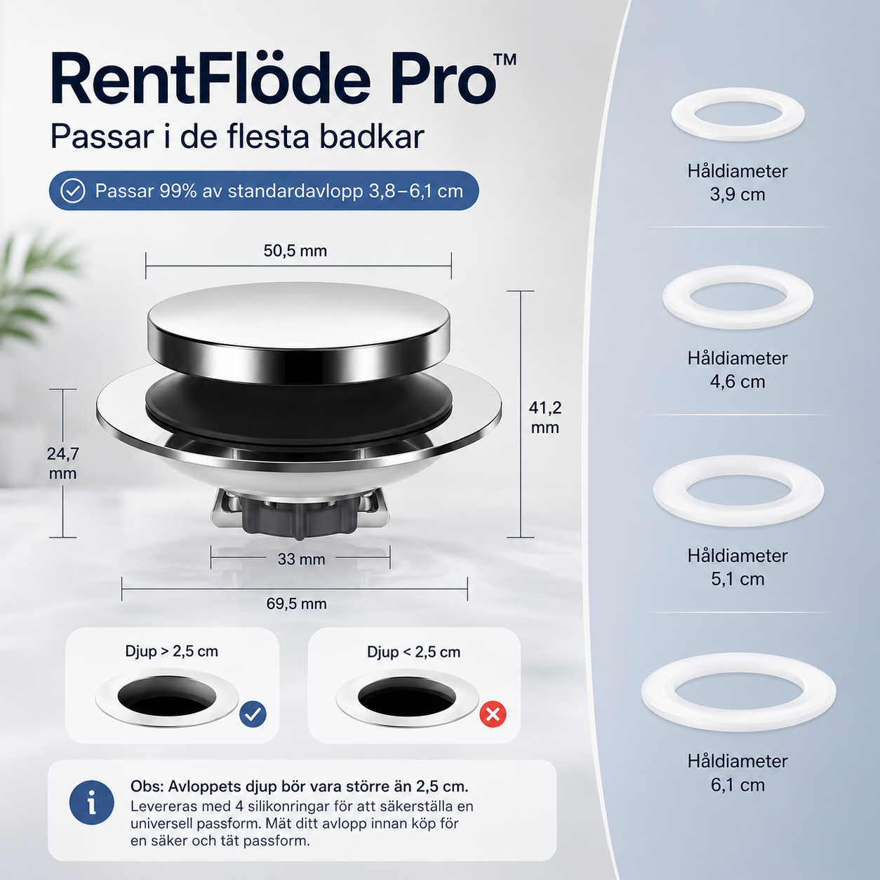 RentFlöde Pro™ Badkarspluggen som alltid sitter