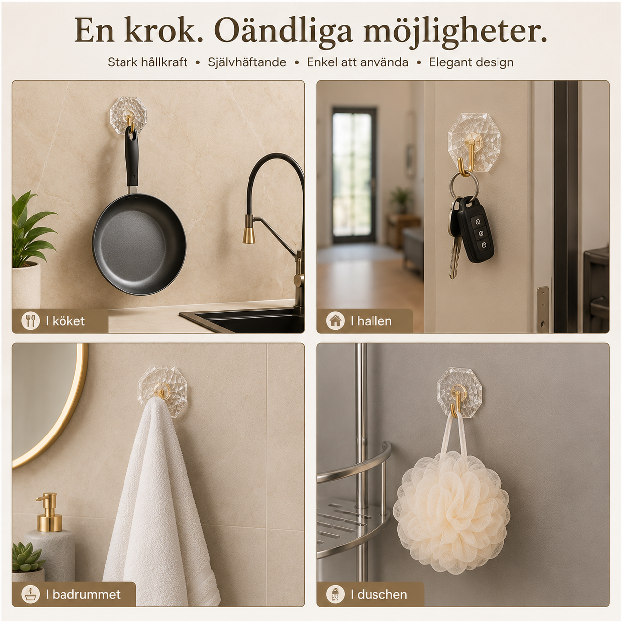 Kristall Väggkrokar™ Stark hållfasthet. Noll hål i väggen